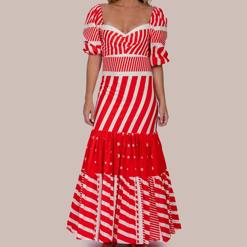 Vestido Longo - EVA, em algodão, vermelho/branco, tam 38