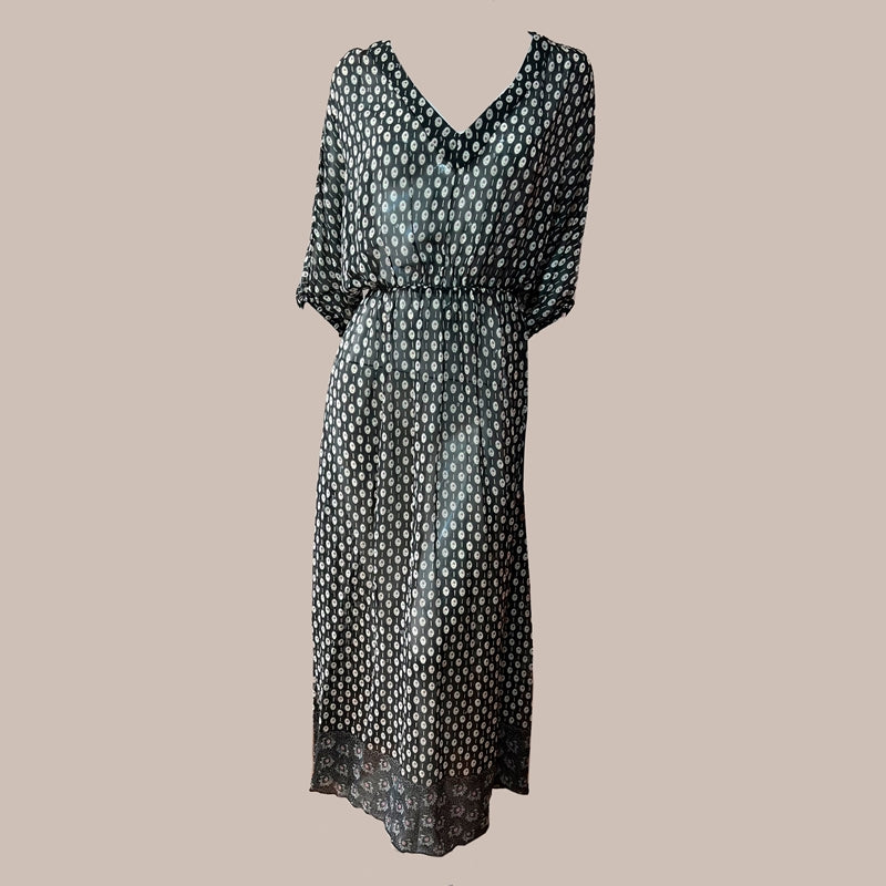 Vestido kafitan - Ka, em seda, tam 40, estampado preto/off-white