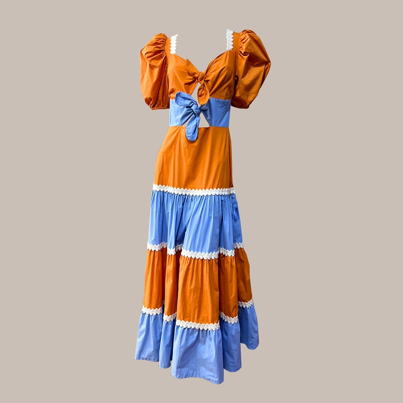 Vestido Longo - PatBo, azul e laranja, 38